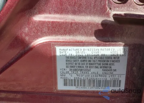 2021 Nissan Sentra Sv Xtronic Cvt из США, поврежденный, VIN 3N1AB8CV5MY326542